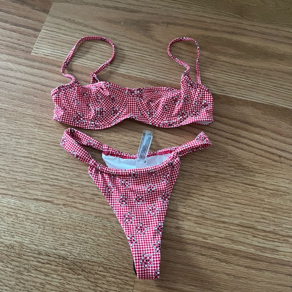 Frankie's Bikinis Red Checkered Bikini with Floral Details